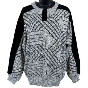 Vintage Juice Leather & Acrylic Knit Geometric Print Grandpa Sweater